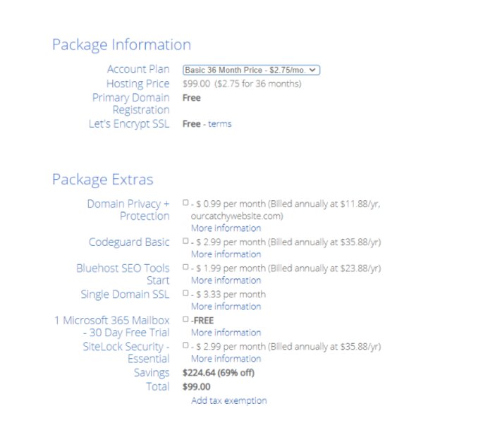 Bluehost Package Information and Package Extras Details Tosinajy