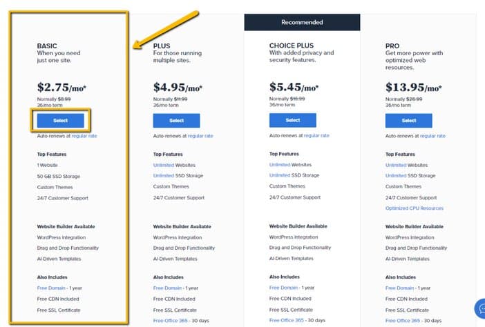 Select Bluehost's Basic Plan Tosinajy